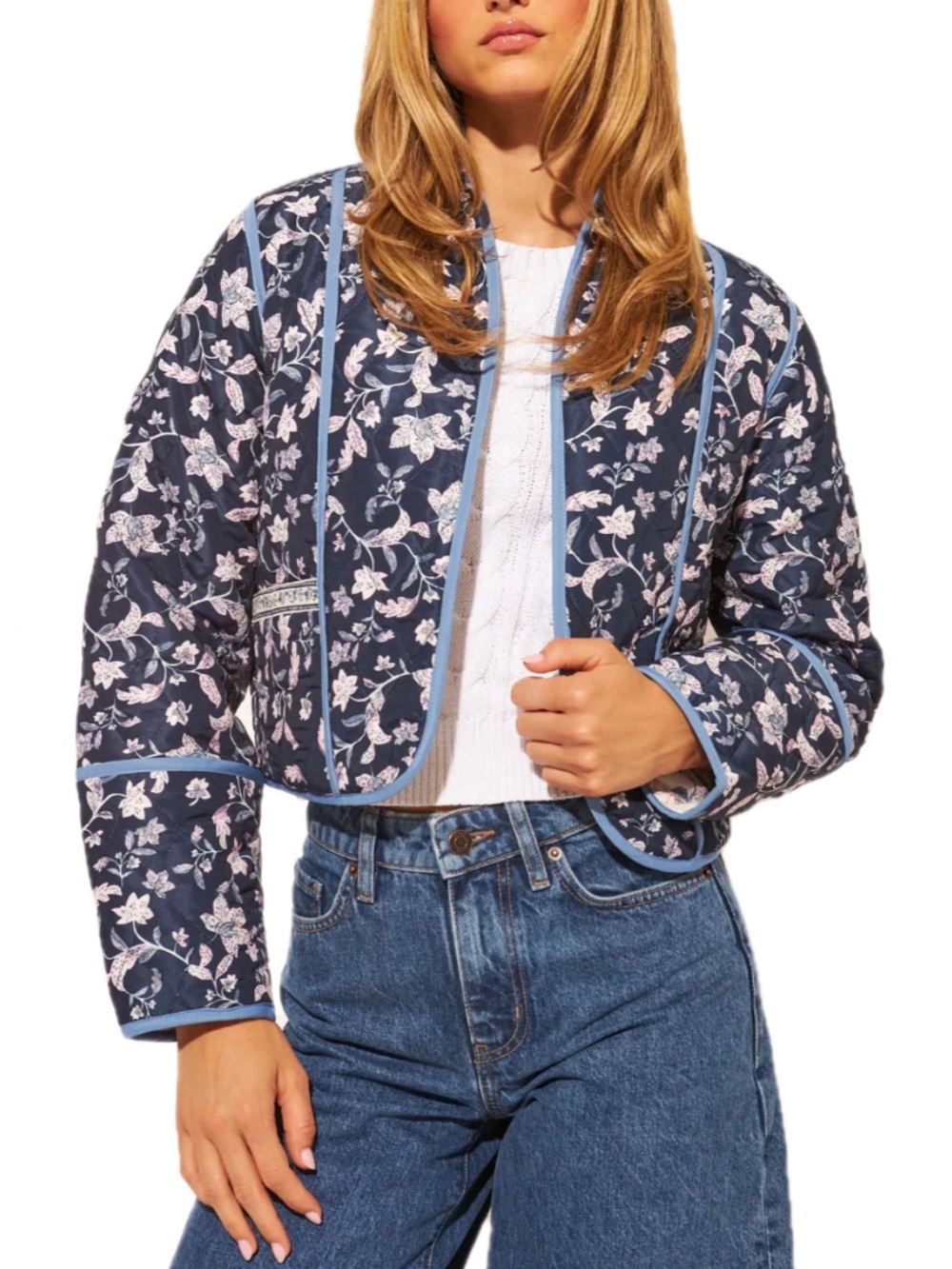 John + Jenn Cream Quilted Bomber with Blue Floral Piping